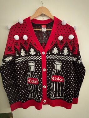 Coca Cola NWOT rd & blk holiday button dwn cardigan SZ XS festive Christmas